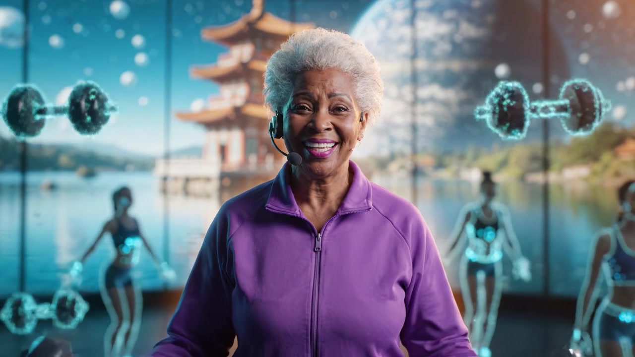 Empowering Elderly Fitness Journey: An Inspirational Figure Embraces Health and Joy Through Exercising with Enthusiasm and Modern Technology in a Vibrant Environment