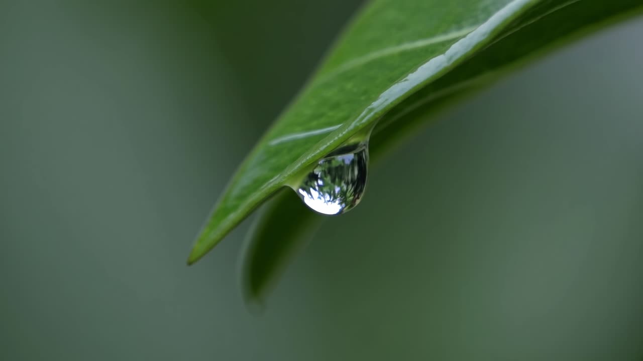 Close-up video shot of a leaf with a water droplet, captured from a side angle