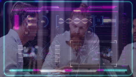 analyzing data, business professionals using animation with futuristic digital interface