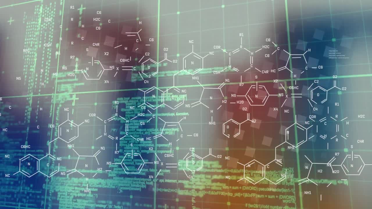 Animation of chemical formulas and data processing over colorful digital space