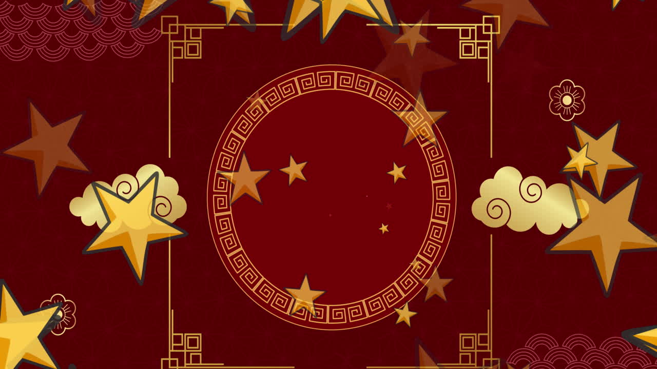 animación de decoraciones tradicionales chinas con estrellas en fondo rojo.