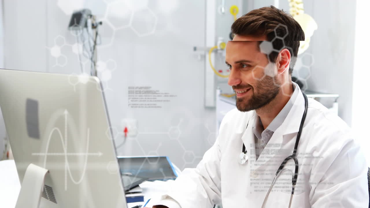 animación del procesamiento de datos científicos sobre un científico caucásico en el laboratorio.