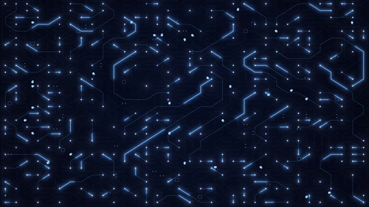 Circuito stampato con elettroni in movimento. Sfondo astratto blu di circuito elettronico. Intelligenza Artificiale