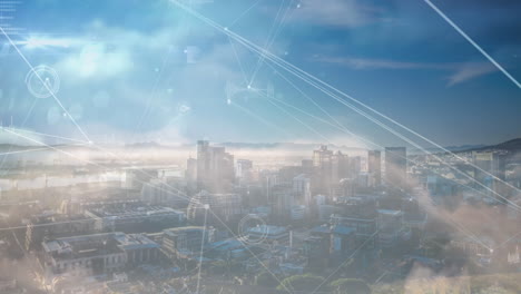 animation of network of connections and data processing over cityscape