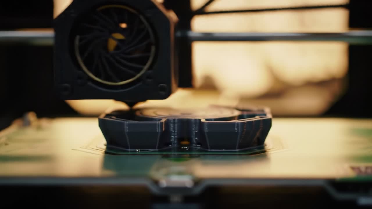 Observe the detailed progress of a 3D printing process, featuring layers being added to create a complex object. This demonstration highlights the innovation in modern manufacturing.