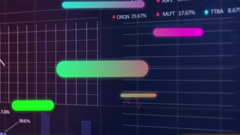 animación de patrones abstractos sobre gráficos, tablero de negociación y lenguaje informático sobre fondo azul
