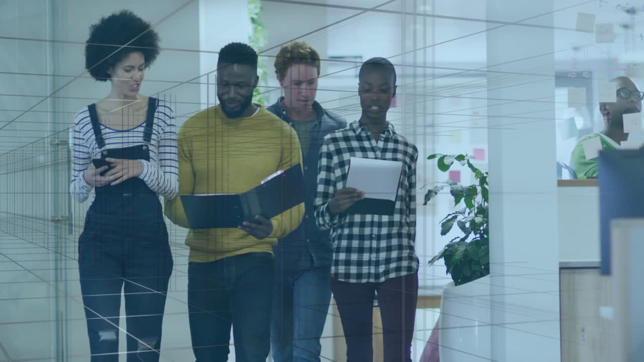 Animation of 3d structure of lines over diverse coworkers walking and discussing reports in office