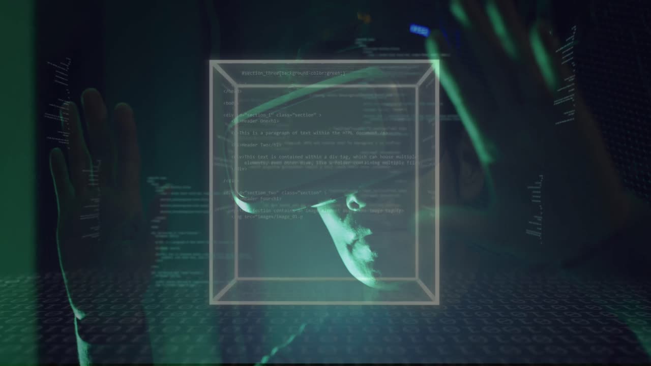 데이터 프로세싱과 함께 회전하는 큐브의 애니메이션 asian man in vr 헤드