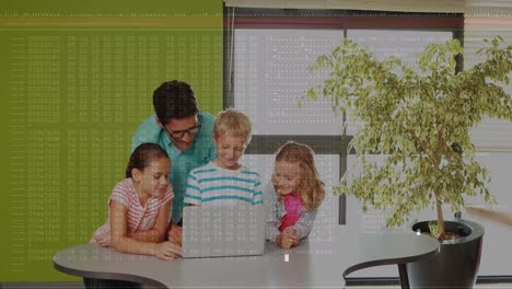 animation of data processing over caucasian male teacher and students using laptop at school