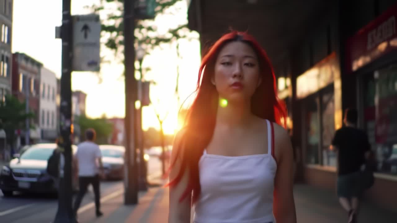 A young woman strolls along a bustling street as the sun sets, casting a warm glow. Her striking hair contrasts with the colorful urban surroundings and the lively atmosphere.