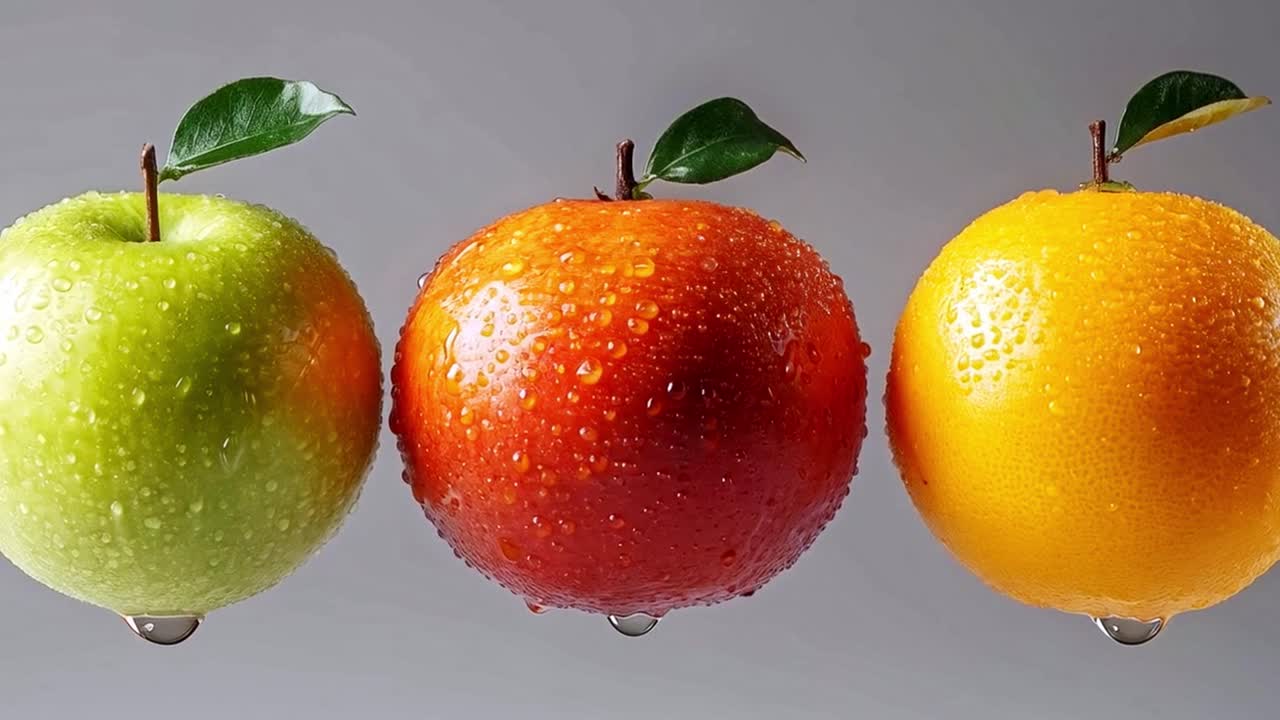 Fresh Apples and Orange with Water Droplets