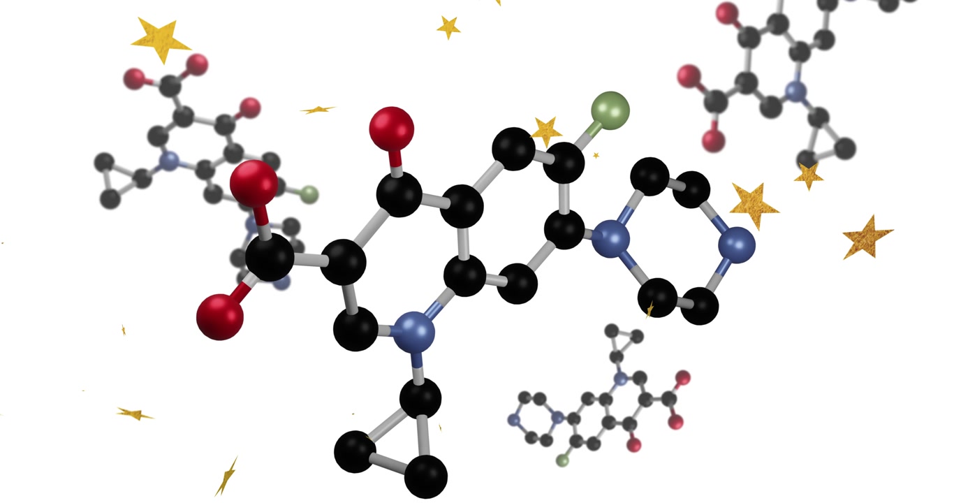 Cam panning, molecule rotating and revealing ball-stick atoms, gold stars drifting, showing form
