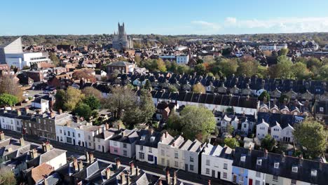 Row-of-terraced-houses-Canterbury-city-centre-Kent-UK-drone-aerial