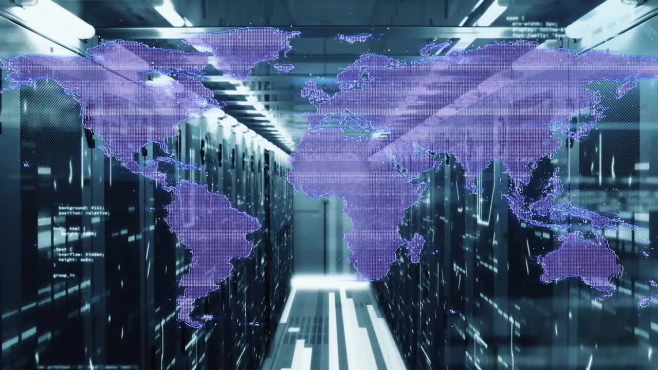 Animation of world map and data processing over computer servers