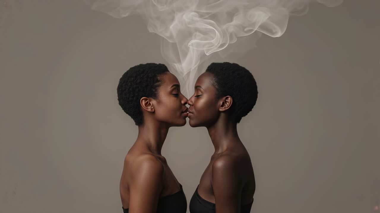 Twee kussende vrouwen in zwarte strapless jurken tonen liefde in de studio, een kus die een witte rookpluim doet opstijgen