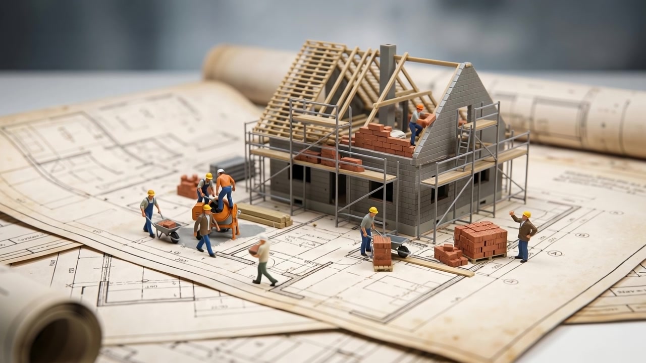 Miniature model of a house under construction sitting on top of architectural blueprints with small figures