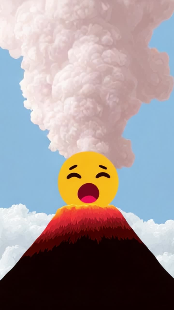 Veselá sopka vybuchuje s hravými emocemi, ukazující animovaný smajlík uprostřed valících se mraků popela a páry na pozadí klidné modré oblohy.