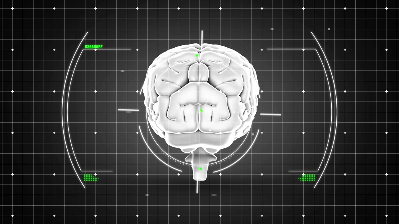 Animation of scope scanning and digital brain on black background