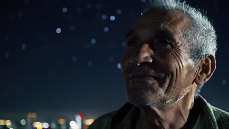 a wise elder gazes upward, enveloped by the stars: a moment of reflection and wonder under the celestial night sky full of twinkling lights