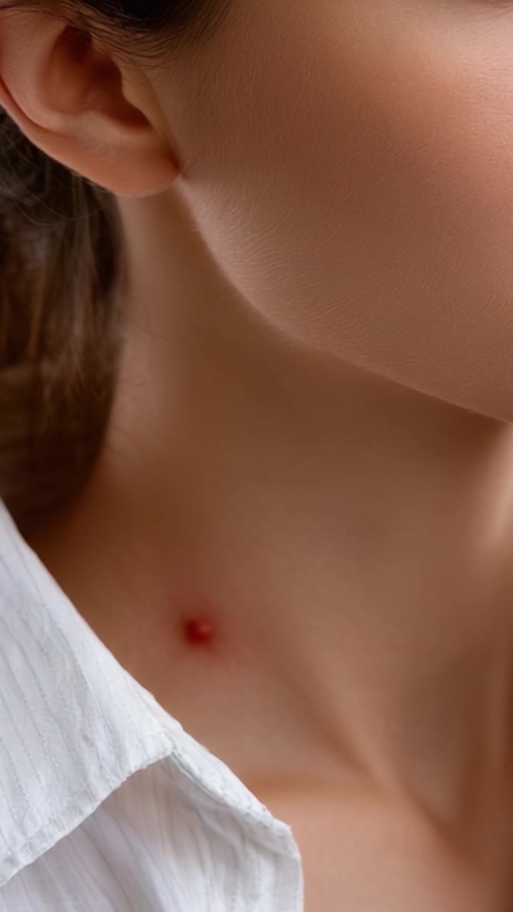 Un Primo Piano di un'Imperfezione Cutanea sul Collo di una Giovane Donna che Evidenzia la Bellezza Naturale e le Comuni Preoccupazioni Dermatologiche