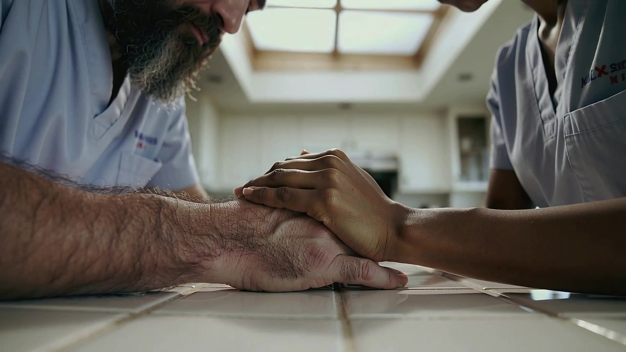 Posizionamento della mano del caregiver sulla mano dell'uomo dopo aver notato il disagio al bancone del centro di assistenza, indossando una divisa medica