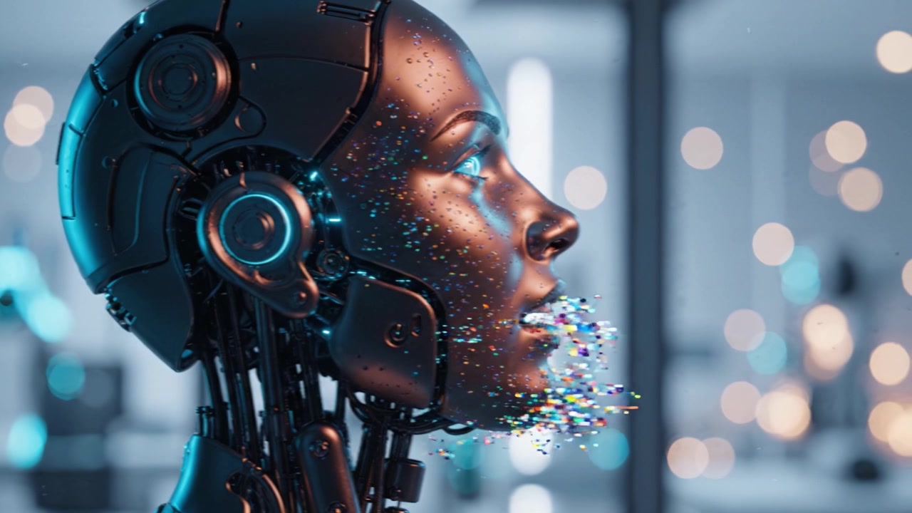 Un profilo di robot futuristico ad alta definizione, che mostra caratteristiche avanzate e un design unico in un ambiente estetico ad alta tecnologia con elementi di sfondo sfocati.