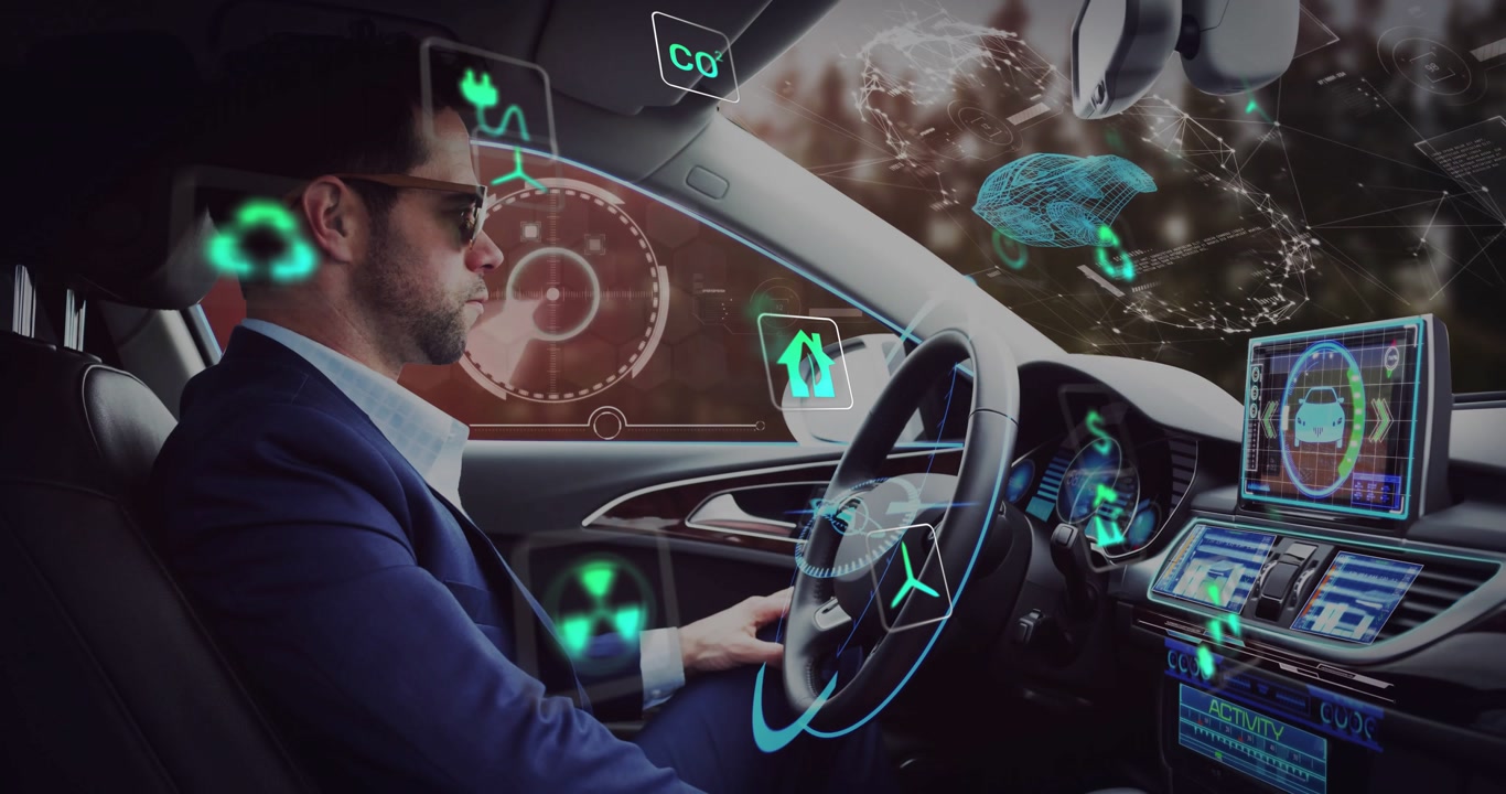 Mid adult man starting vehicle in forest drive, showing HUD projecting energy technology metrics