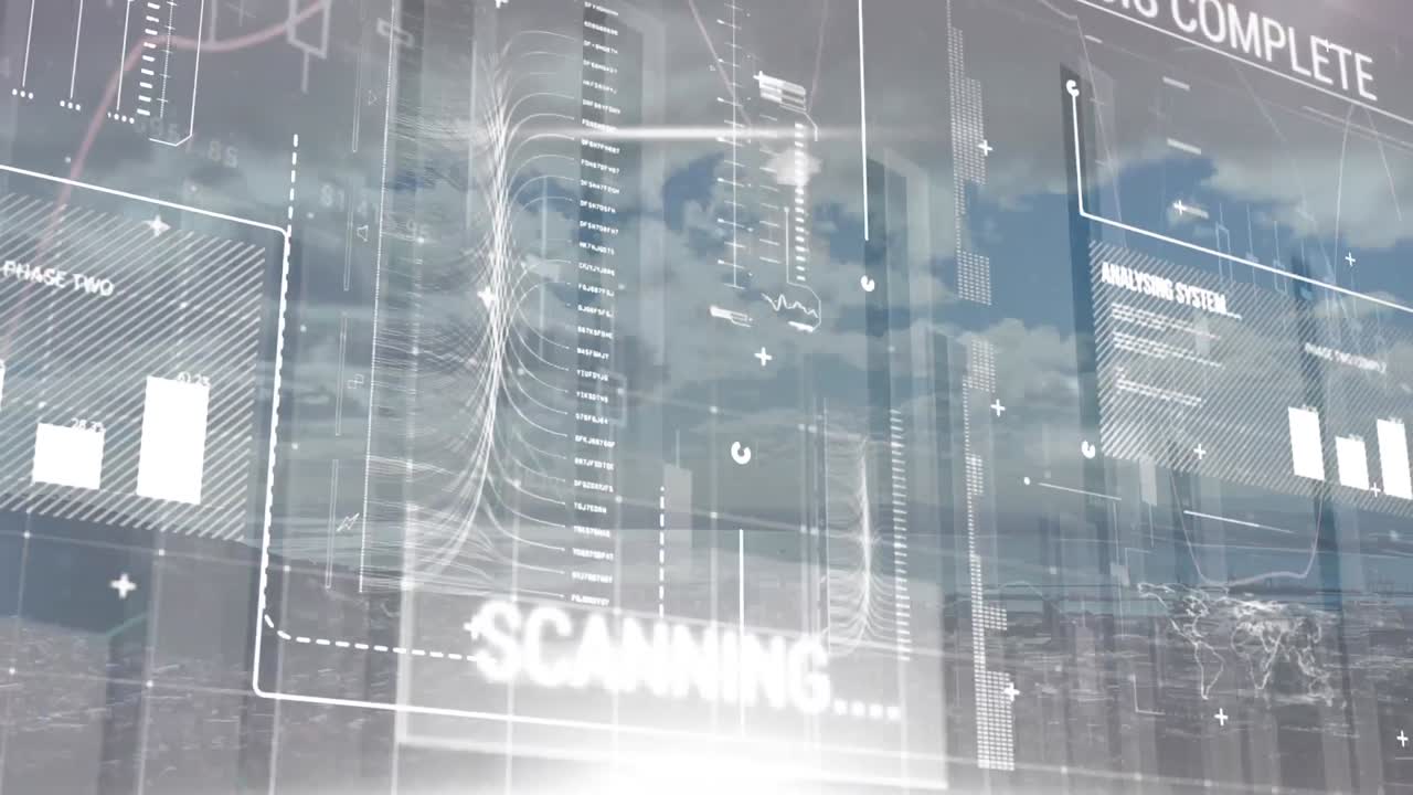 뒤에 있는 도시와 함께 데이터 처리 애니메이션