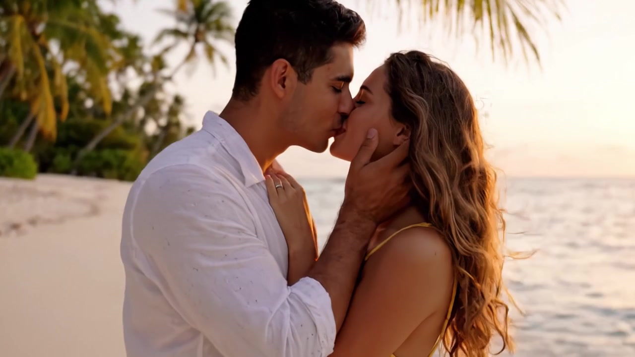 Romantic Sunset Embrace on a Tropical Beach: A Couple Celebrating Love in a Golden Hour Setting Surrounded by Palm Trees and Gentle Waves