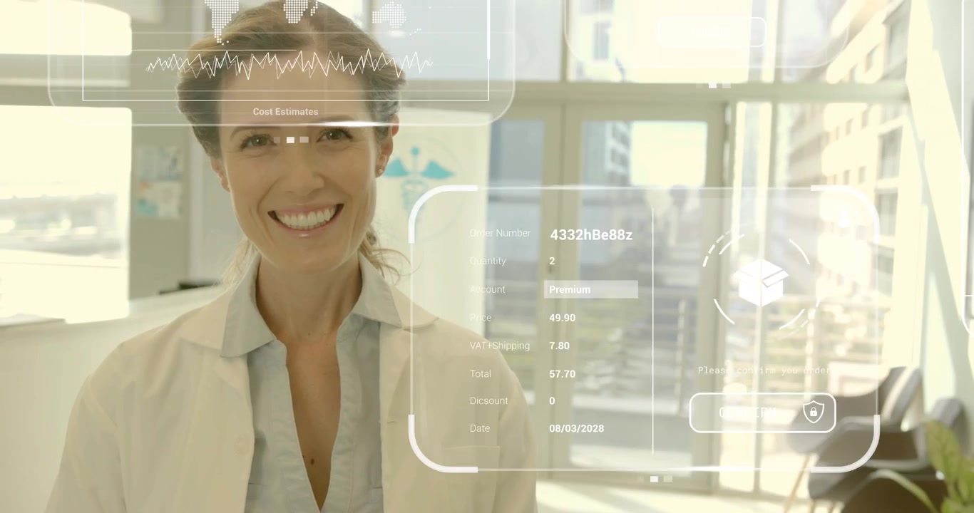 Læge bruger hologram-interface, der toner frem, og gennemgår klientsporingsgraf og tidsplan