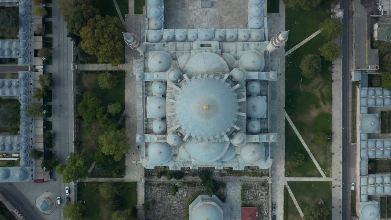 Mosque Roof and Towers Architecture Masterpiece in beautiful light Blue and Gold Colors, Aerial Birds Eye Overhead Top down View