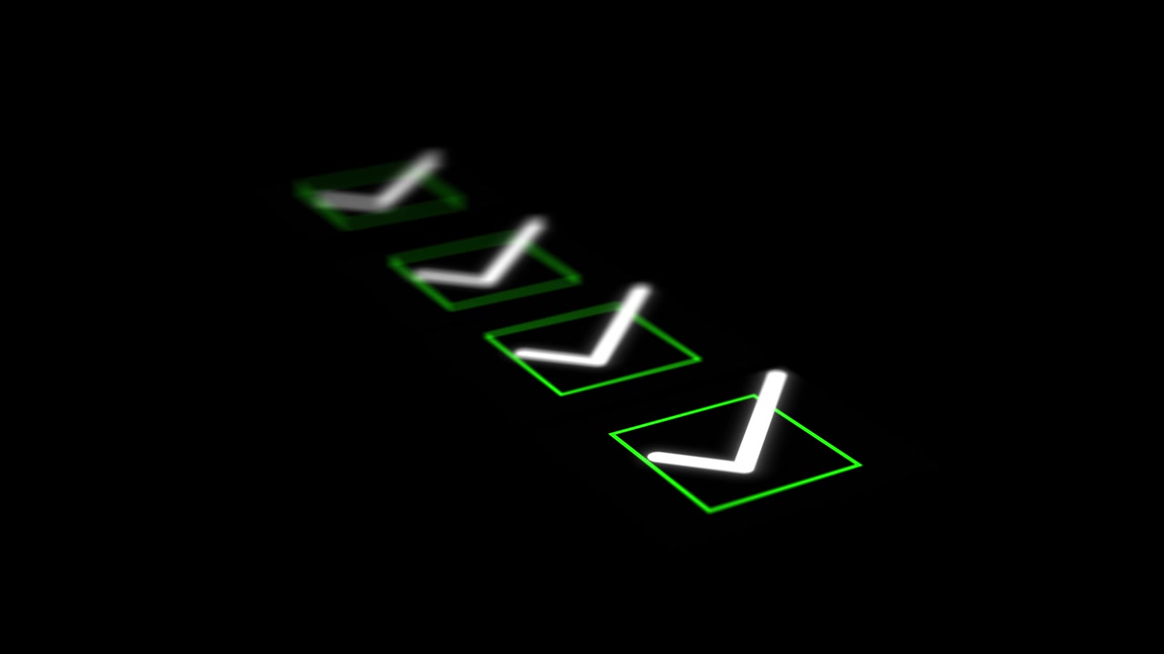 Glowing task approval icons visual with green square outlines white tick marks and dark minimalist