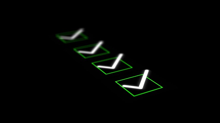 Glowing task approval icons visual with green square outlines white tick marks and dark minimalist