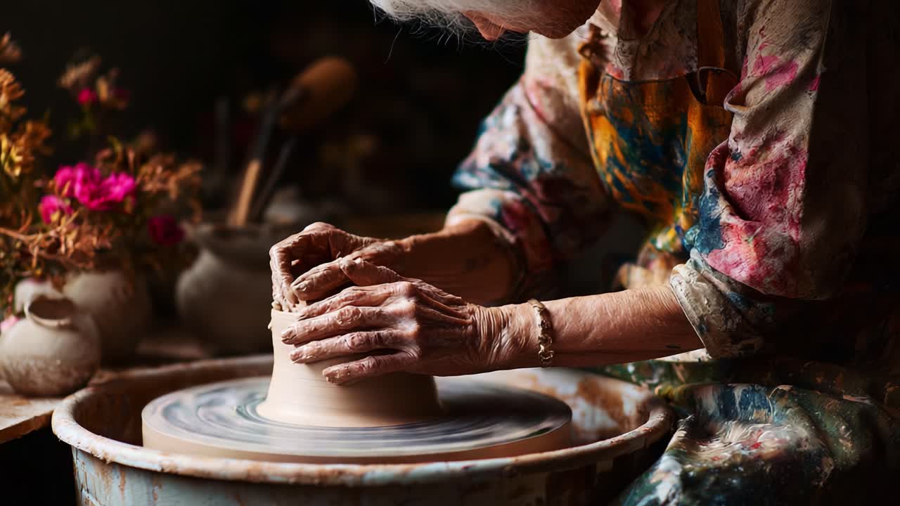 L'arte della ceramica: un abile artigiano modella l'argilla su un tornio, catturando tradizioni senza tempo e passione artigianale in ogni movimento della mano