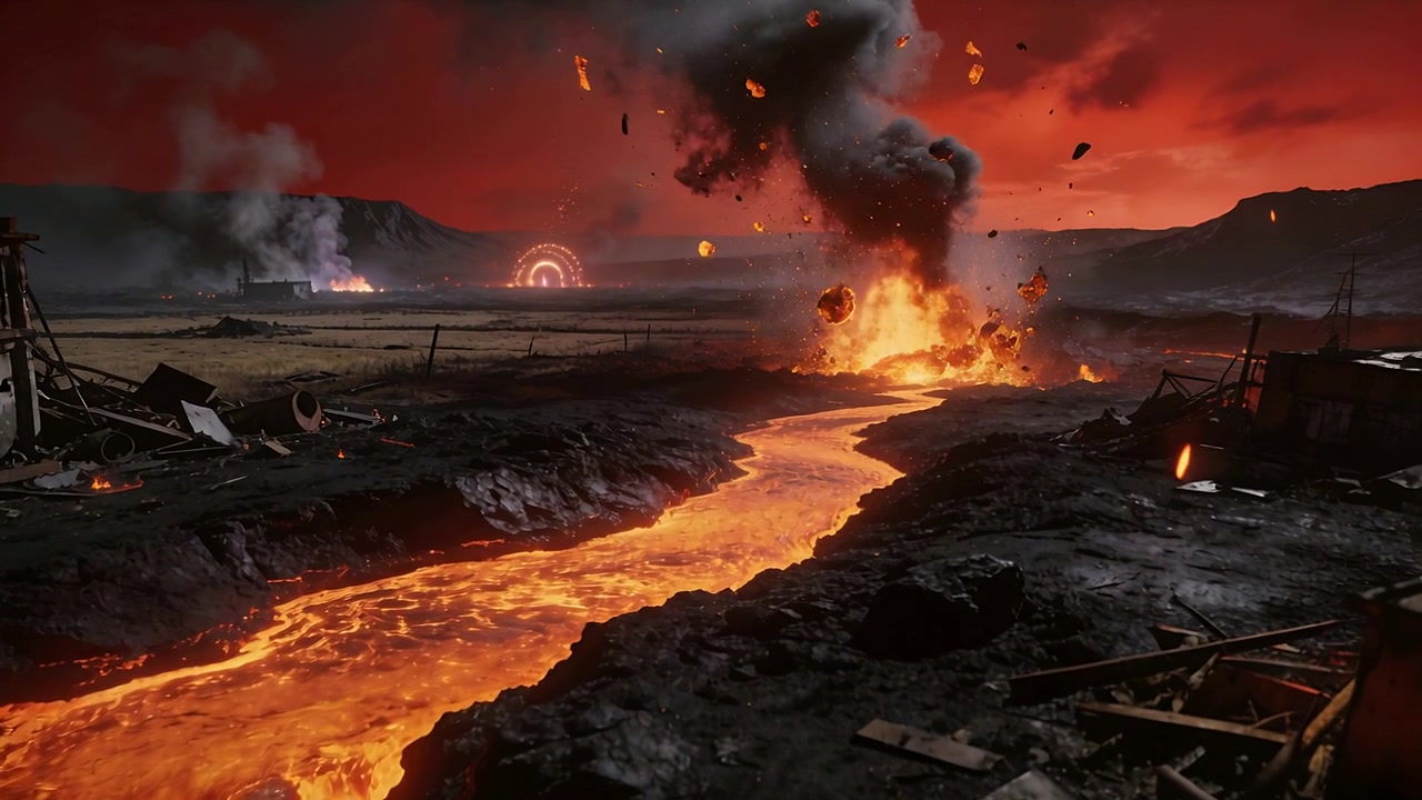 Inizio di un'eruzione su un canale di lava fusa, con la lava che espelle rocce incandescenti e fumo, e una ruota panoramica.