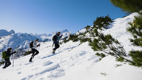 group hiking in snowy mountains