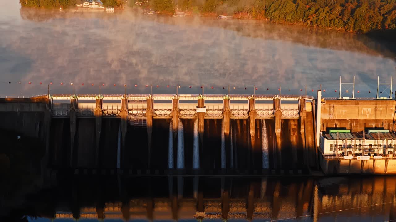 Stuwdammen van Carpenter Dam Park aan de Ouachita-rivier nabij Hot Springs, Arkansas, Verenigde Staten. Luchtopname met opwaartse kanteling.