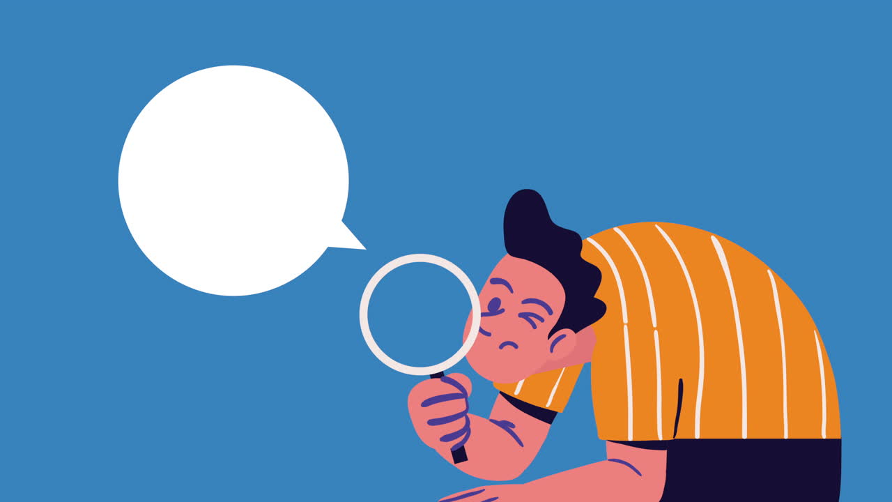 확대 유리 캐릭터 애니메이션을 가진 남자