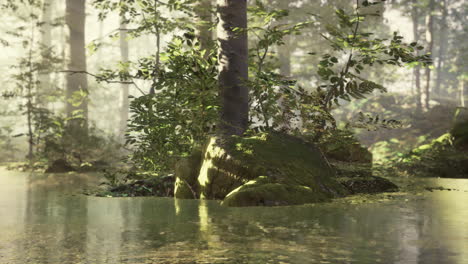 Panoramic-of-the-forest-with-river-reflecting-the-trees-in-the-water