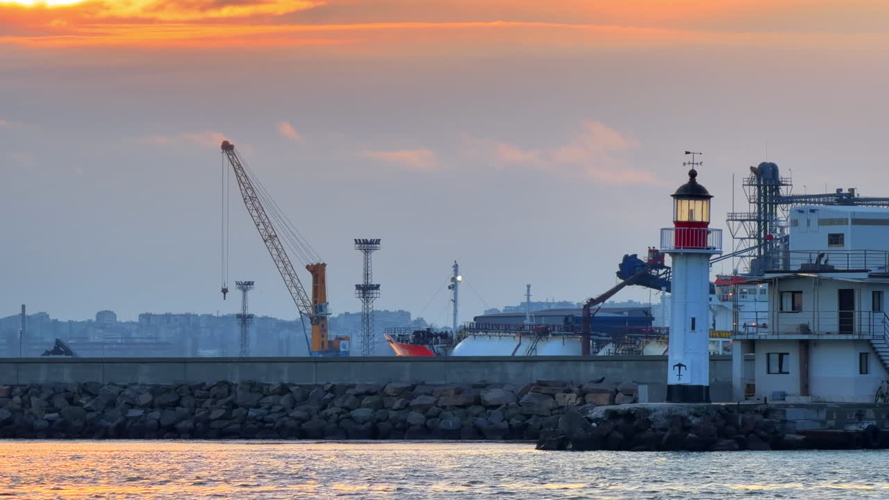 Solnedgångsvy över hamnen med fyr och byggnader nära vattnet. Scenen visar en hamn under solnedgången med en fyr, byggnader och kranar i bakgrunden.