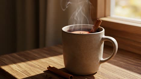 steaming hot drink with cinnamon sticks by a window
