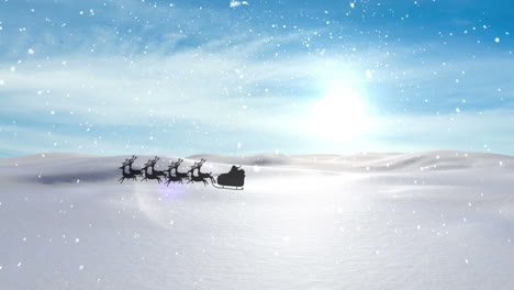 animation of santa claus in sleigh with reindeer passing over snowy winter scenery