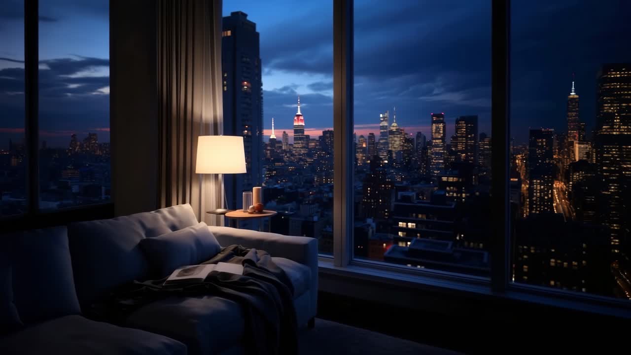A cozy living room with a cityscape view at dusk. The wide-angle captures a serene ambiance, perfect