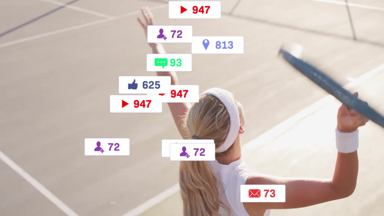 female tennis player raising racket on court showing floating social media icons for marketing