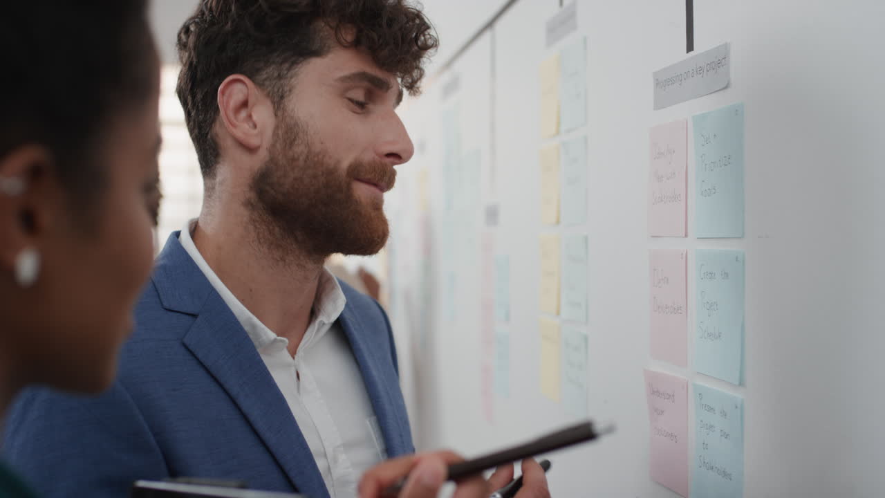 gente de negocios corporativos reuniéndose usando notas adhesivas haciendo lluvia de ideas hombre de negocios atractivo compartiendo estrategia de resolución de problemas en la pizarra trabajando en una solución para la fecha límite del proyecto