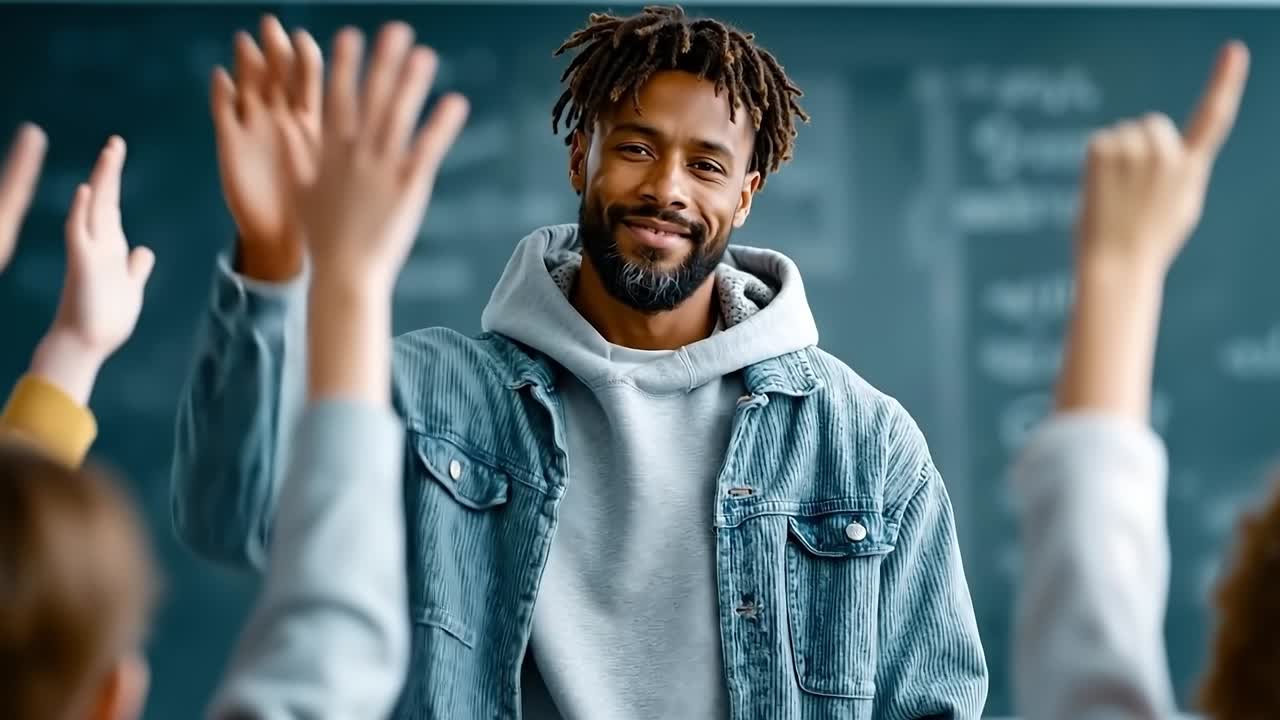 A man with dreadlocks smiles at the camera in front of a blackboard