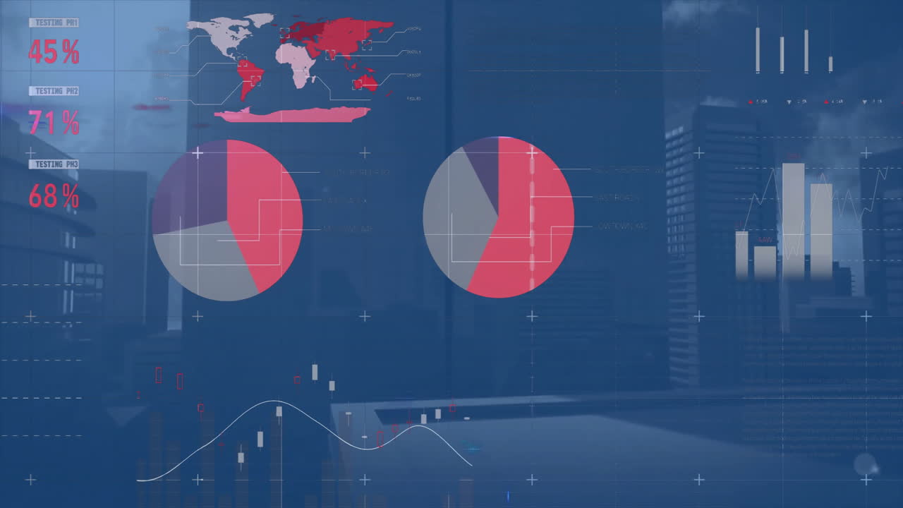Overlaying cityscape, animation of charts and graphs for data visualization in school