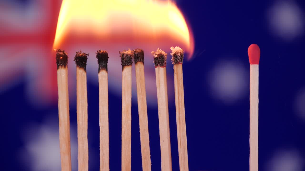 brote de coronavirus, distanciamiento social en australia. concepto: propagación de la epidemia, efecto dominó, covid-19, fósforos quemados aislados, detener la propagación del virus, mantener la cuarentena, el bloqueo