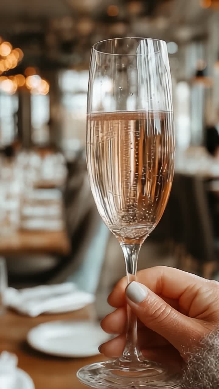 Brindando elegantemente con un bicchiere di champagne frizzante in un ambiente da pranzo sofisticato, circondato da luci calde e un arredamento di lusso.