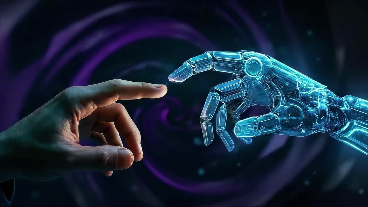 A dynamic video concept of human and robotic hands touching, captured from a side angle